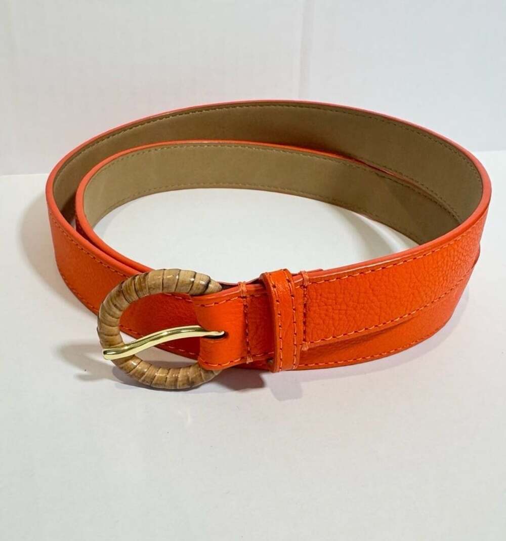 Talbots Women’s Orange Leather Belt Size L Woven Buckle Gold Tone boho resort
